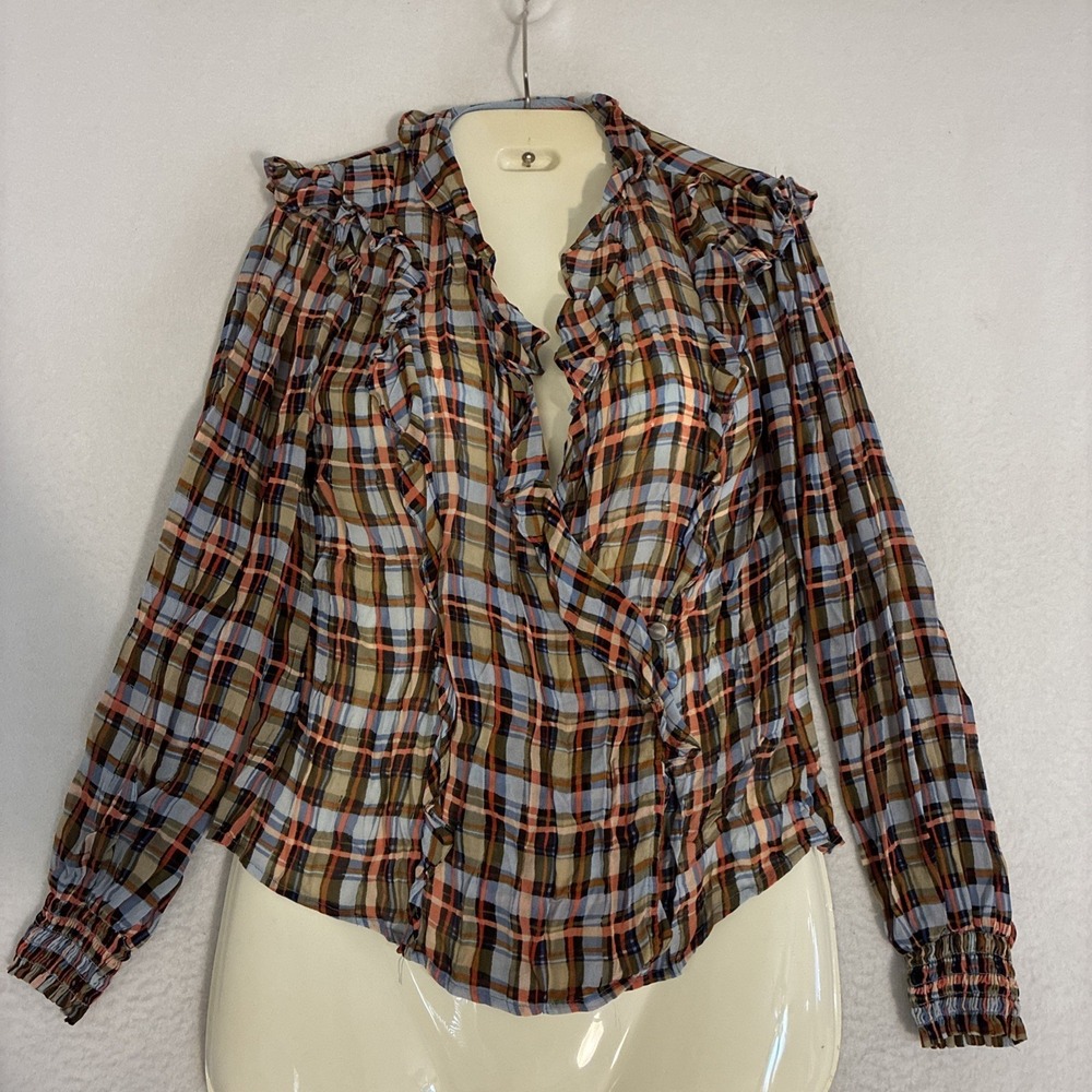 Maeve Anthropologie Laila Blouse Womens Size 2 Plaid Ruffle‎ Sheer Prairie Wrap - Picture 9 of 12